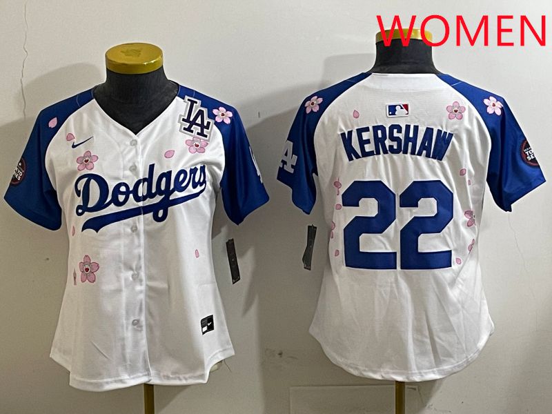 Women Los Angeles Dodgers #22 Kershaw White Blue Sakura Edition 2025 Nike MLB Jersey style 8->women mlb jersey->Women Jersey